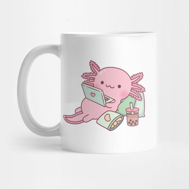 Cute Axolotl Chilling with Laptop And Snacks by rustydoodle